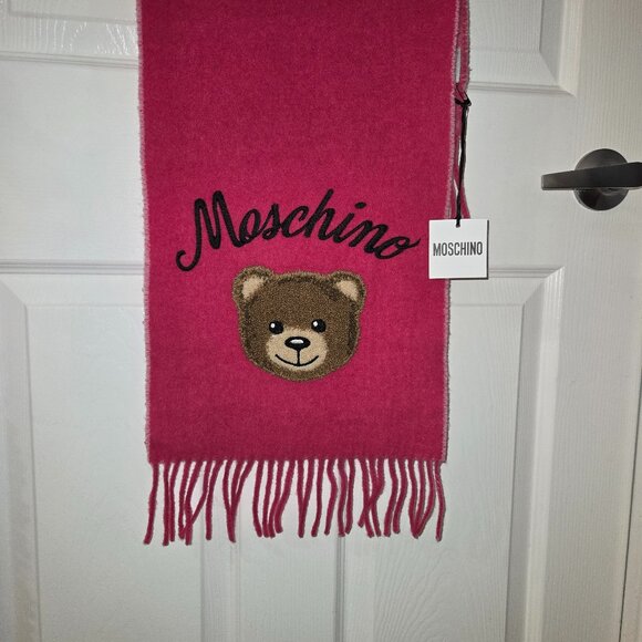 Moschino Teddy Bear-Embroidered Wool Scarf - Fuchsia - Picture 2 of 7